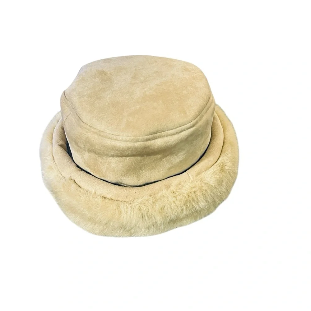 Betmar New York Tan Faux Suede Winter Hat Faux Fur Trim One Size